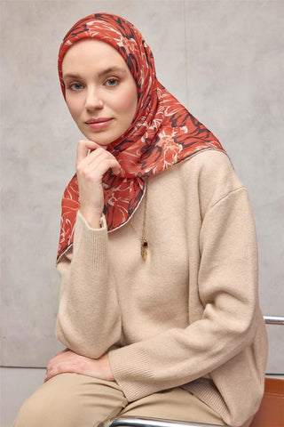 Pamuk Polyester Eşarp Turuncu-Siyah Yavruağzı Ekru Botanik Desenli Soft Dokulu
                Tok Duruşlu 90X90