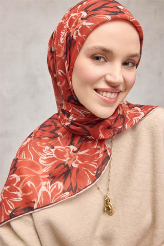 Pamuk Polyester Eşarp Turuncu-Siyah Yavruağzı Ekru Botanik Desenli Soft Dokulu
                Tok Duruşlu 90X90