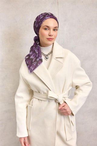 Pamuk Polyester Eşarp Mor Büyük Papatya Desenli Soft Dokulu Kaymaz 90X90