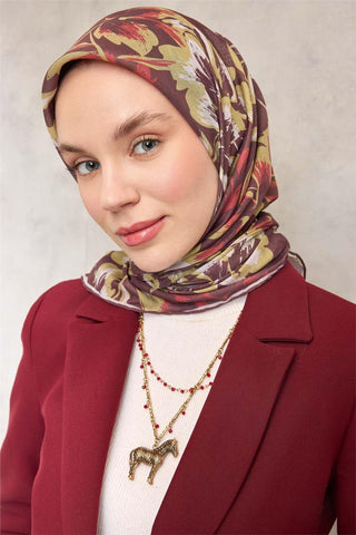 Pamuk Polyester Soft Eşarp Kahverengi Büyük Papatya Desenli Kaymaz Dokulu 90X90