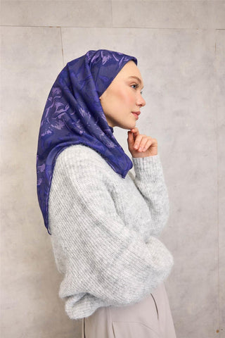 Pamuk Polyester Soft Eşarp Violet Büyük Papatya Desenli Kaymaz Dokulu 90X90