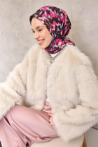 Pamuk Polyester Soft Eşarp Siyah Fuşya Büyük Papatya Desenli Tok Duruşlu 90X90