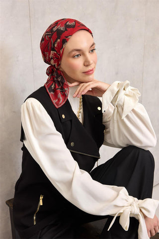 Pamuk Polyester Eşarp Bayrak Kırmızısı Büyük Papatya Desenli Soft Dokulu Kaymaz
                90X90