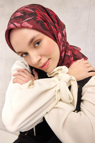 Pamuk Polyester Eşarp Bordo Büyük Papatya Desenli Soft Dokulu Kaymaz 90X90