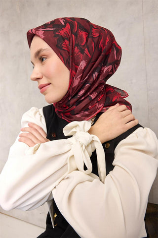 Pamuk Polyester Eşarp Bordo Büyük Papatya Desenli Soft Dokulu Kaymaz 90X90