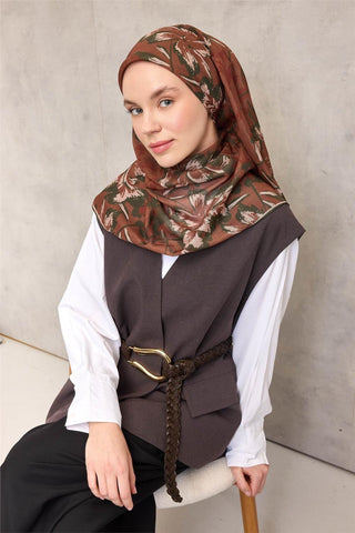 Pamuk Polyester Eşarp Kiremit Büyük Papatya Desenli Soft Dokulu Kaymaz 90X90 - Soft Eşarp - | Silk Home