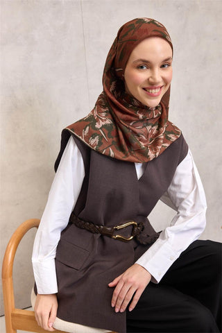 Pamuk Polyester Eşarp Kiremit Büyük Papatya Desenli Soft Dokulu Kaymaz 90X90 - Soft Eşarp - | Silk Home