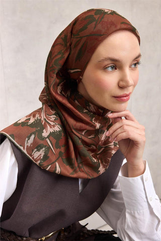 Pamuk Polyester Eşarp Kiremit Büyük Papatya Desenli Soft Dokulu Kaymaz 90X90 - Soft Eşarp - | Silk Home