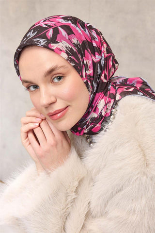 Pamuk Polyester Soft Eşarp Siyah Fuşya Büyük Papatya Desenli Tok Duruşlu 90X90 - Soft Eşarp - | Silk Home