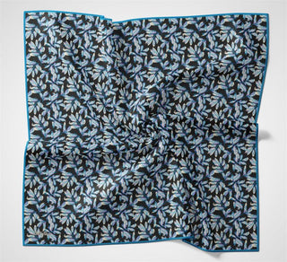 Pamuk Polyester Eşarp Siyah Mavi Çiçek Desenli Tok Duruşlu 90X90