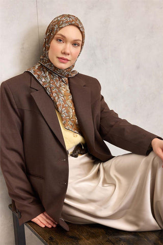 Pamuk Polyester Soft Eşarp Hardal Ton Çiçek Desenli Kaymaz Dokulu 90X90 - Soft Eşarp - | Silk Home