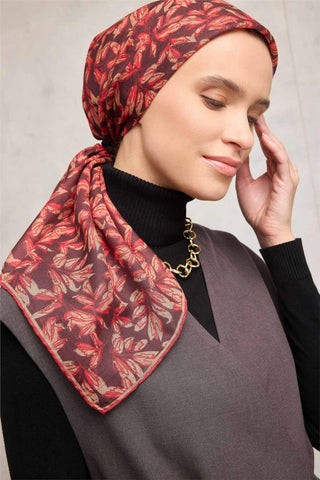 Pamuk Polyester Soft Eşarp Kahverengi Çiçek Desenli Kaymaz Dokulu 90X90 - Soft Eşarp - | Silk Home