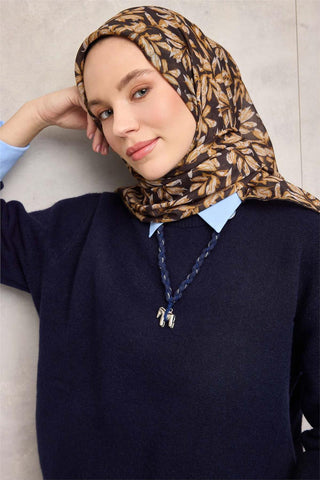 Pamuk Polyester Soft Eşarp Koyu Siyah Çiçek Desenli Kaymaz Dokulu 90X90 - Soft Eşarp - | Silk Home