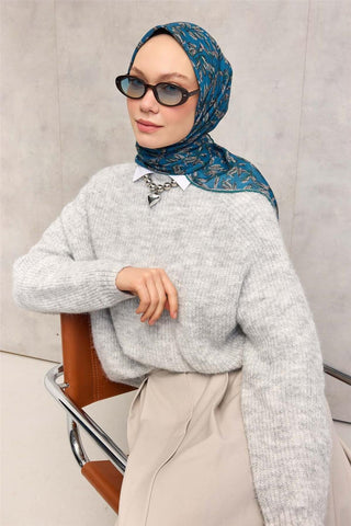 Pamuk Polyester Soft Eşarp Mavi Çiçek Desenli Kaymaz Dokulu 90X90 - Soft Eşarp - | Silk Home