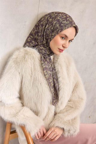 Pamuk Polyester Soft Eşarp Soluk Mor Çiçek Desenli Kaymaz Dokulu 90X90 - Soft Eşarp - | Silk Home