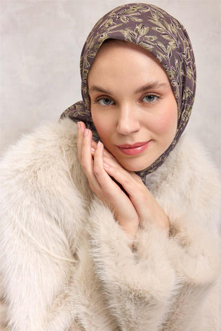 Pamuk Polyester Soft Eşarp Soluk Mor Çiçek Desenli Kaymaz Dokulu 90X90 - Soft Eşarp - | Silk Home