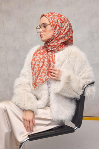 Cotton Polyester Soft Scarf with Orange Floral Pattern, Non-Slip Texture, and Firm Stitch.
 90x90