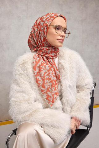Cotton Polyester Soft Scarf with Orange Floral Pattern, Non-Slip Texture, and Firm Stitch.
 90x90