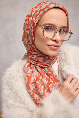 Cotton Polyester Soft Scarf with Orange Floral Pattern, Non-Slip Texture, and Firm Stitch.
 90x90