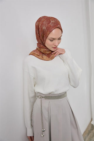 İnce Pamuk Soft Eşarp Kiremit Yaprak Desenli Hafif Dokulu 90X90