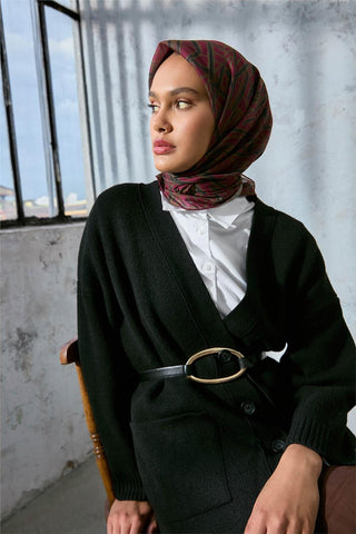 Soft Cotton Scarf in Purple, Khaki, and Green with Geometric Pattern, Lightweight Texture, 90x90 cm.