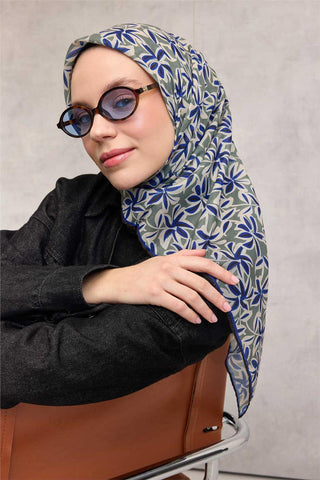 Pamuk Polyester Soft Eşarp Açık Asker Yeşili Flora Desenli Kaymaz Dokulu 90X90