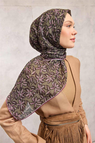 Pamuk Polyester Soft Eşarp Asker Yeşili Flora Desenli Kaymaz Dokulu 90X90 - Soft Eşarp - | Silk Home