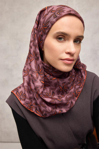 Pamuk Polyester Soft Eşarp Gül Kurusu Flora Desenli Kaymaz Dokulu 90X90