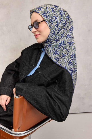 Pamuk Polyester Soft Eşarp Açık Asker Yeşili Flora Desenli Kaymaz Dokulu 90X90