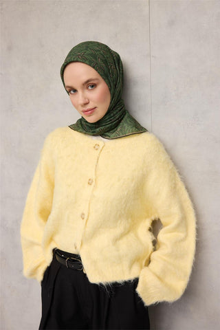 Pamuk Polyester Soft Eşarp Yeşil Flora Desenli Kaymaz Dokulu 90X90