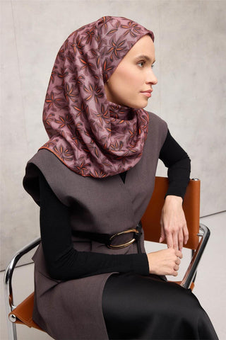 Pamuk Polyester Soft Eşarp Gül Kurusu Flora Desenli Kaymaz Dokulu 90X90 - Soft Eşarp - | Silk Home