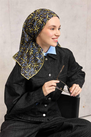 Pamuk Polyester Soft Eşarp Hardal Flora Desenli Kaymaz Dokulu 90X90