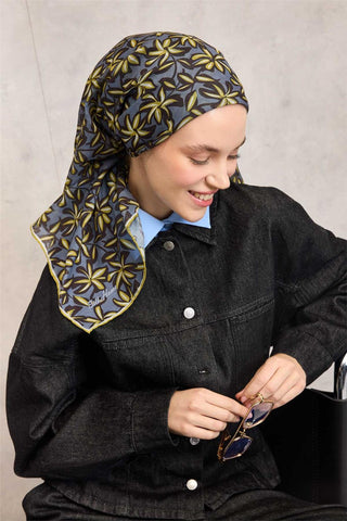 Pamuk Polyester Soft Eşarp Hardal Flora Desenli Kaymaz Dokulu 90X90