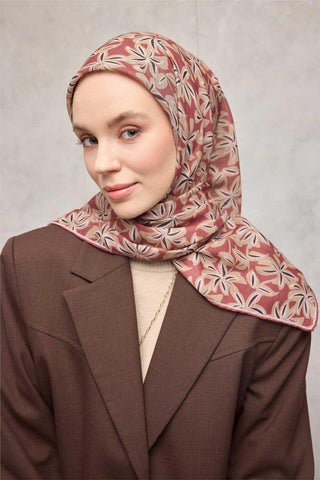 Pamuk Polyester Soft Eşarp Kiremit Flora Desenli Kaymaz Dokulu 90X90 - Soft Eşarp - | Silk Home