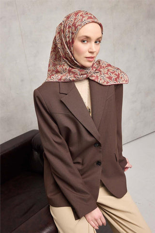 Pamuk Polyester Soft Eşarp Kiremit Flora Desenli Kaymaz Dokulu 90X90 - Soft Eşarp - | Silk Home