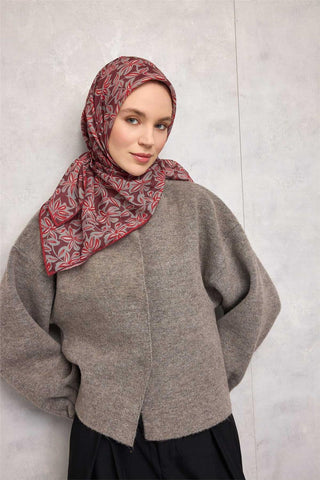 Pamuk Polyester Soft Eşarp Kiremit Bordo Flora Desenli Kaymaz Dokulu 90X90 - Soft Eşarp - | Silk Home