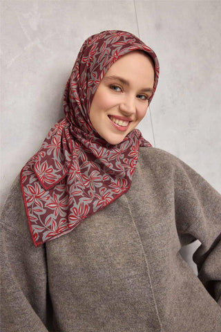 Pamuk Polyester Soft Eşarp Kiremit Bordo Flora Desenli Kaymaz Dokulu 90X90 - Soft Eşarp - | Silk Home