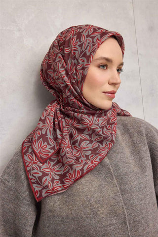 Pamuk Polyester Soft Eşarp Kiremit Bordo Flora Desenli Kaymaz Dokulu 90X90 - Soft Eşarp - | Silk Home