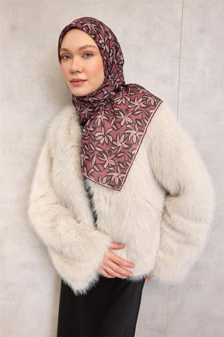 Pamuk Polyester Soft Eşarp Kiremit-Mürdüm Flora Desenli Kaymaz Dokulu 90X90 - Soft Eşarp - | Silk Home