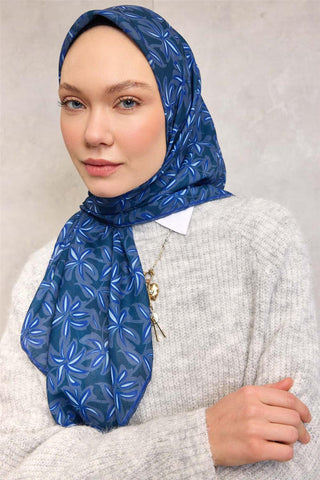 Cotton Polyester Soft Scarf, Dark Blue, Floral Pattern, Non-Slip Texture, 90x90 cm