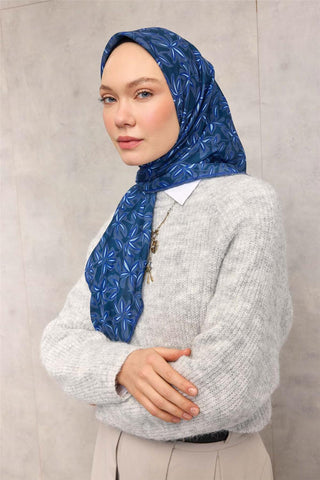 Cotton Polyester Soft Scarf, Dark Blue, Floral Pattern, Non-Slip Texture, 90x90 cm