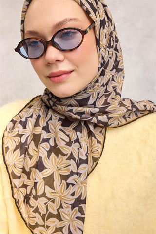 Pamuk Polyester Soft Eşarp Koyu Siyah Flora Desenli Kaymaz Dokulu 90X90