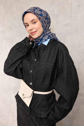 Cotton Polyester Soft Scarf, Blue Floral Pattern, Non-Slip Texture, 90x90 cm