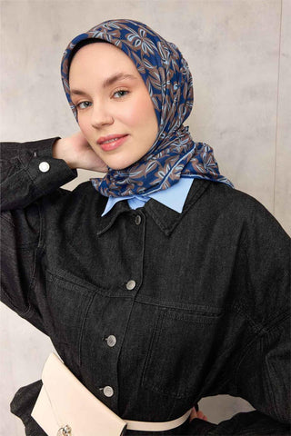 Cotton Polyester Soft Scarf, Blue Floral Pattern, Non-Slip Texture, 90x90 cm
