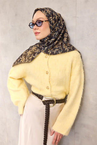 Pamuk Polyester Soft Eşarp Siyah Flora Desenli Kaymaz Dokulu 90X90