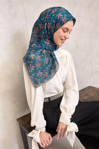 Pamuk Polyester Soft Eşarp Turuncu Flora Desenli Kaymaz Dokulu 90X90 - Soft Eşarp - | Silk Home