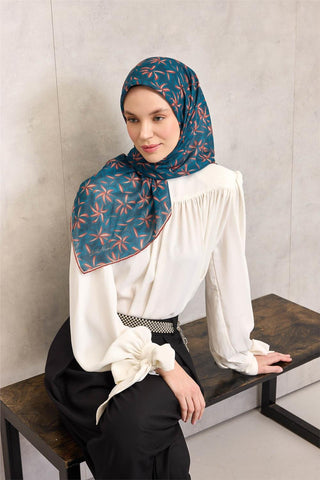 Pamuk Polyester Soft Eşarp Turuncu Flora Desenli Kaymaz Dokulu 90X90 - Soft Eşarp - | Silk Home