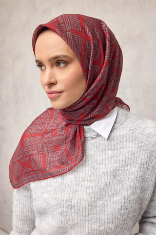 Pamuk Polyester Soft Eşarp Koyu Kırmızı Geometrik Desenli Kaymaz Tok Duruşlu
                90X90