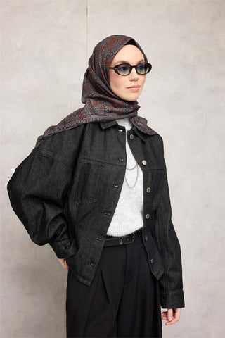 Pamuk Polyester Soft Eşarp Gri Geometrik Desenli Kaymaz Dokulu Tok Duruşlu
                90X90