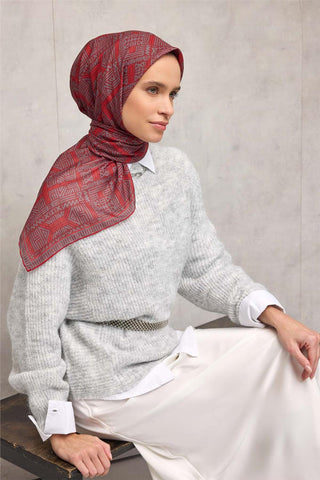 Pamuk Polyester Soft Eşarp Koyu Kırmızı Geometrik Desenli Kaymaz Tok Duruşlu
                90X90